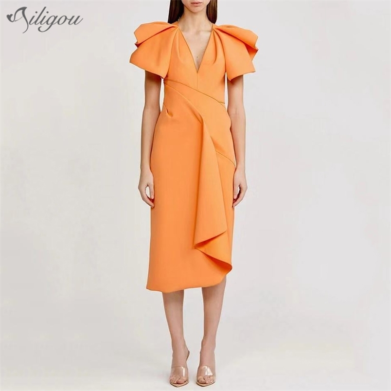 

Women' Asymmetric Elegant Dress V-neck Short Sleeve Ruffle Irregular Sexy Party Women Fashion Clothing 210525, Gold