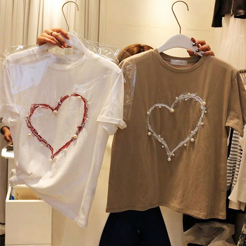 

t shirt heavy industry beaded short sleeve in spring and summer of 2021, White