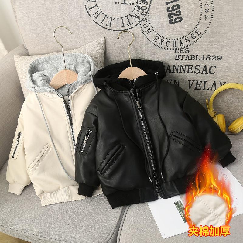 

Jackets PU Leather Kids Jacket Autumn And Winter Child Coat Waterproof Baby Boys Warm Thick Hooded Children's Clothing, Blue;gray