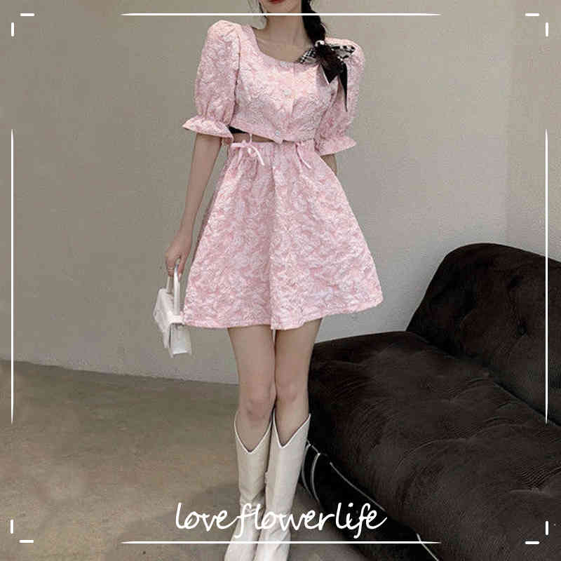 

French Elegant Vintage Dresses Women Short Sleeve Sexy Mini Dress Korean Fashion 2 Piece Set Evening Party Dress for Females Y2K 210521, Pink