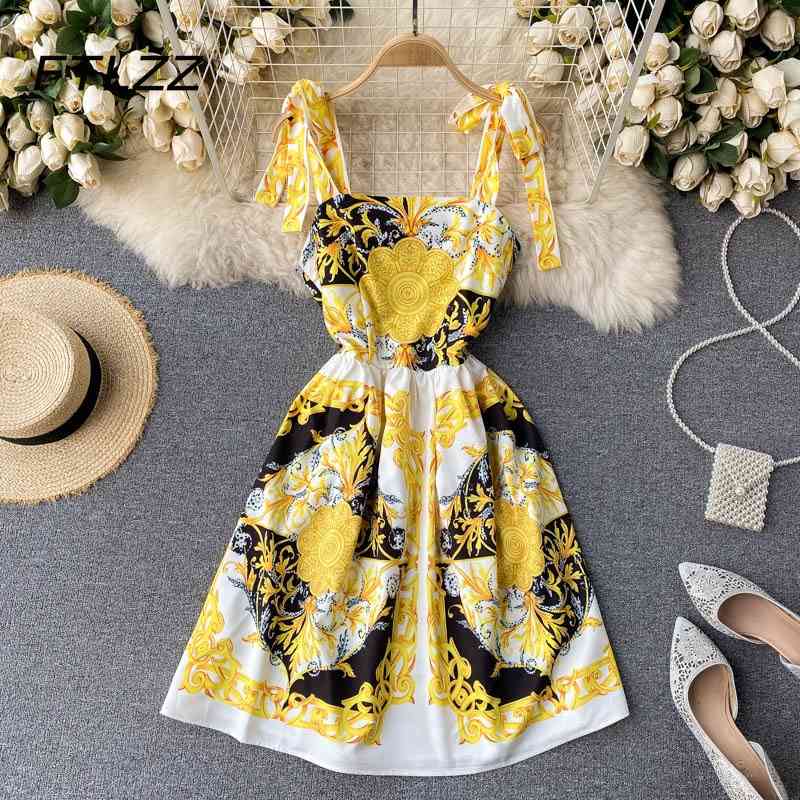 

Summer Mini Dres Slim A Line Bodycon Dresses Ladies Vintage Floral Printed Bandage Party Elegant Sexy Robe 210602, Yellow