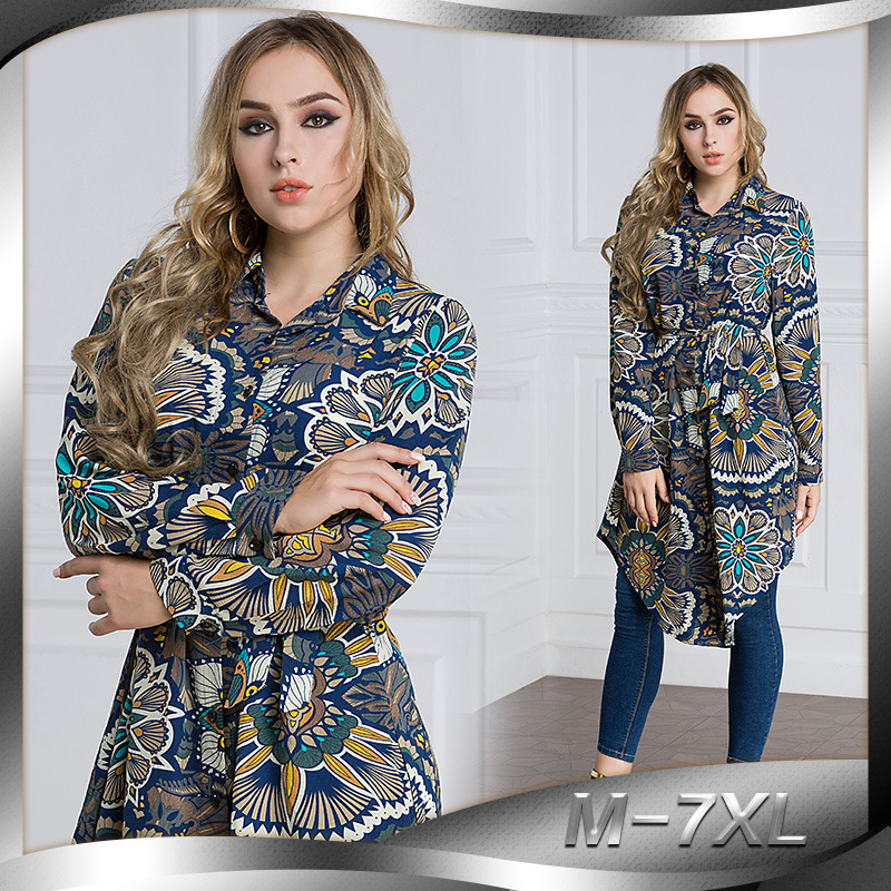 

Plus Size M-7XL Muslim Blouse Dress Women Print Lace-up Tops and Blouses Ladies Irregular Hem Loose Shirts Turkey Malay Clothing