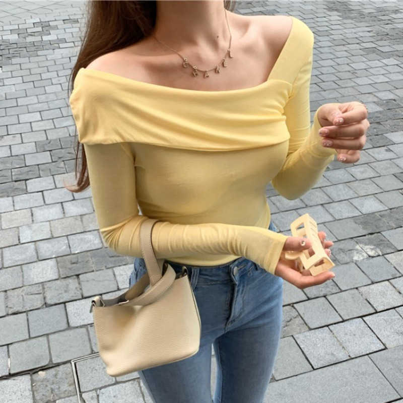 

WOMENGAGA Spring Summer Tops Korean Strapless Skew Collar Long Sleeve Bottomed T-shirt Top Tees Sexy 4AUL 210603, Pink