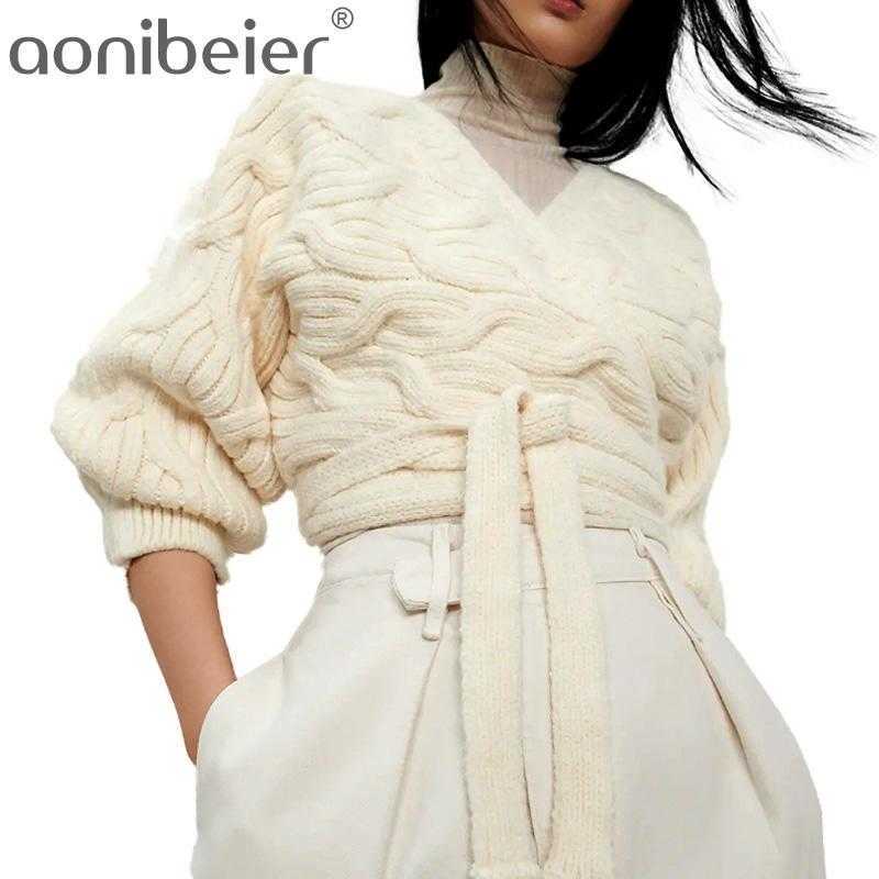 

Women' With Belt Sweaters Knitted Jackets Mujer Coats Femme Cropped Knit Tops Elegant Knitwear Winter Warm 210604, Cream