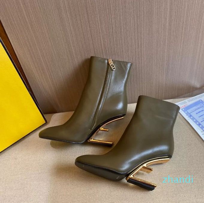 

Green Sculpted high-heeled Ankle boots Metallic high heels square toes side zip calfskin leather outsole Booties for women luxury designer, Brown