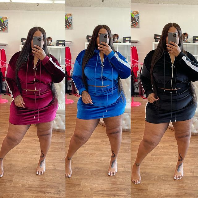

Tracksuits Women Pure Color Two Piece Sets Plus Size High Waist Bodycon Mini Skirts Zipper Short Coats Autumn Velvet Outfits, Black