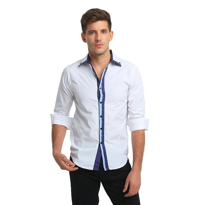 

Mens Fashion Matching Colour Long Sleeve Shirt Business Casual Man Slim-fit Plus-size Shirt, White;black