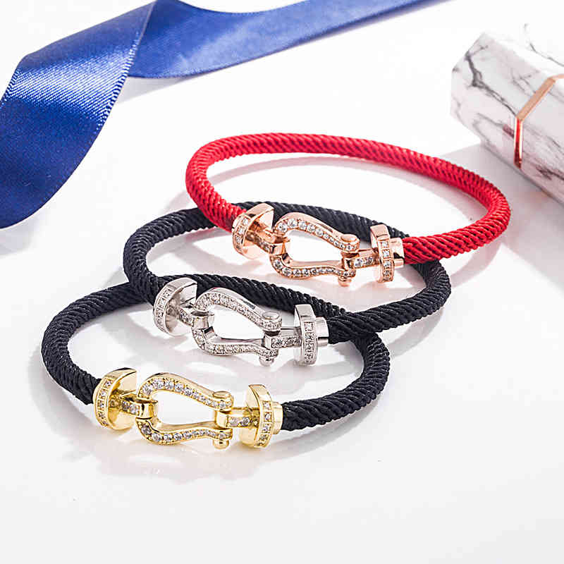 Bangle Bracelets Benmingnian Red Rope S925 Sterling Silver Horseshoe Buckle Inlaid with Diamond for Men and Women-image-745965260