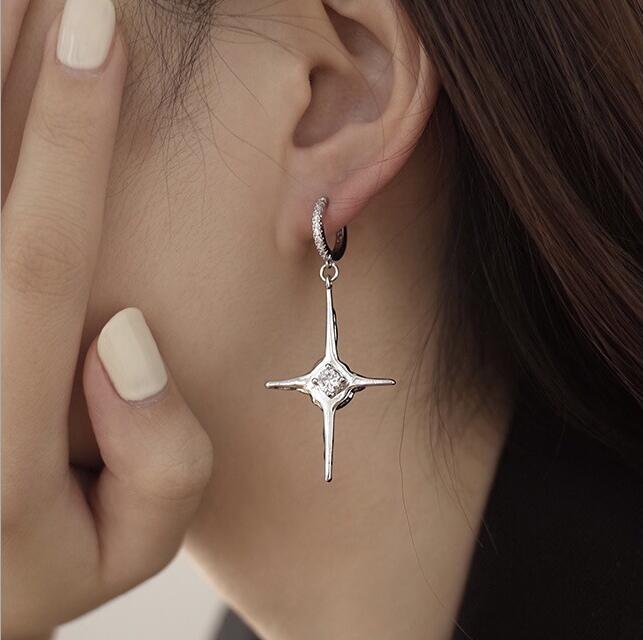 Hoop Earring Cross Ins Wind Hip-hop Four-pointed Star Pendant Dangle Earrings-image-703004810