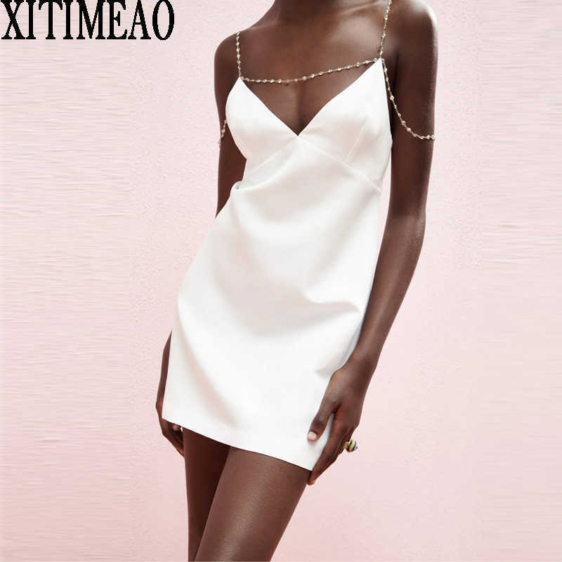 

Za Summer Woman Diamond Decoration Party Night Dress Fashion Slim Mini Sexy Off Shoulder Sling es Vestidos 210604, White