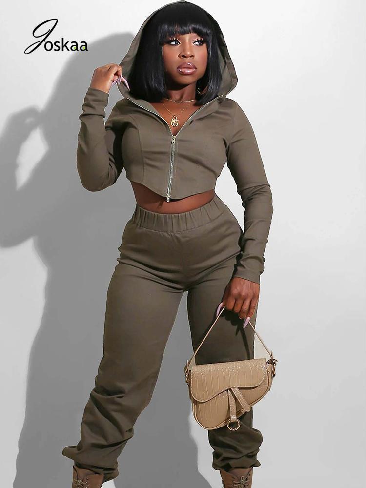 

Women' Tracksuits Joskaa Sporty 2 Piece Set Hoodies Full Sleeve Zipper Slim Women Clothing Outfit Fall Jogger Sweatpants Nightclub Casual, Khaki
