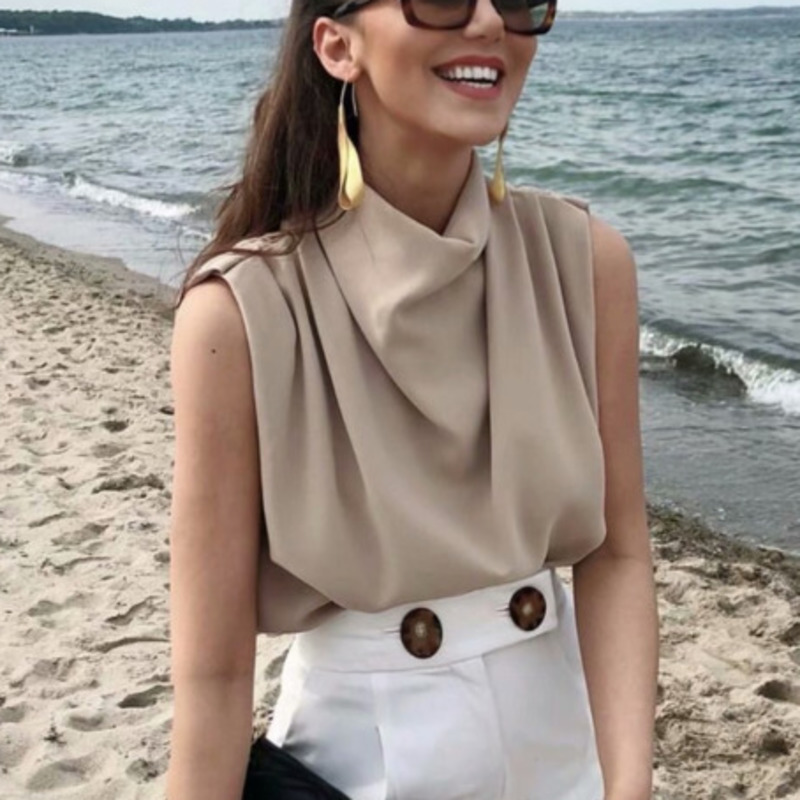 

Spring Arrivals Solid Color Sleeveless Stand Collar Shirt Casual Style Top Women MZ165 210525, Khaki