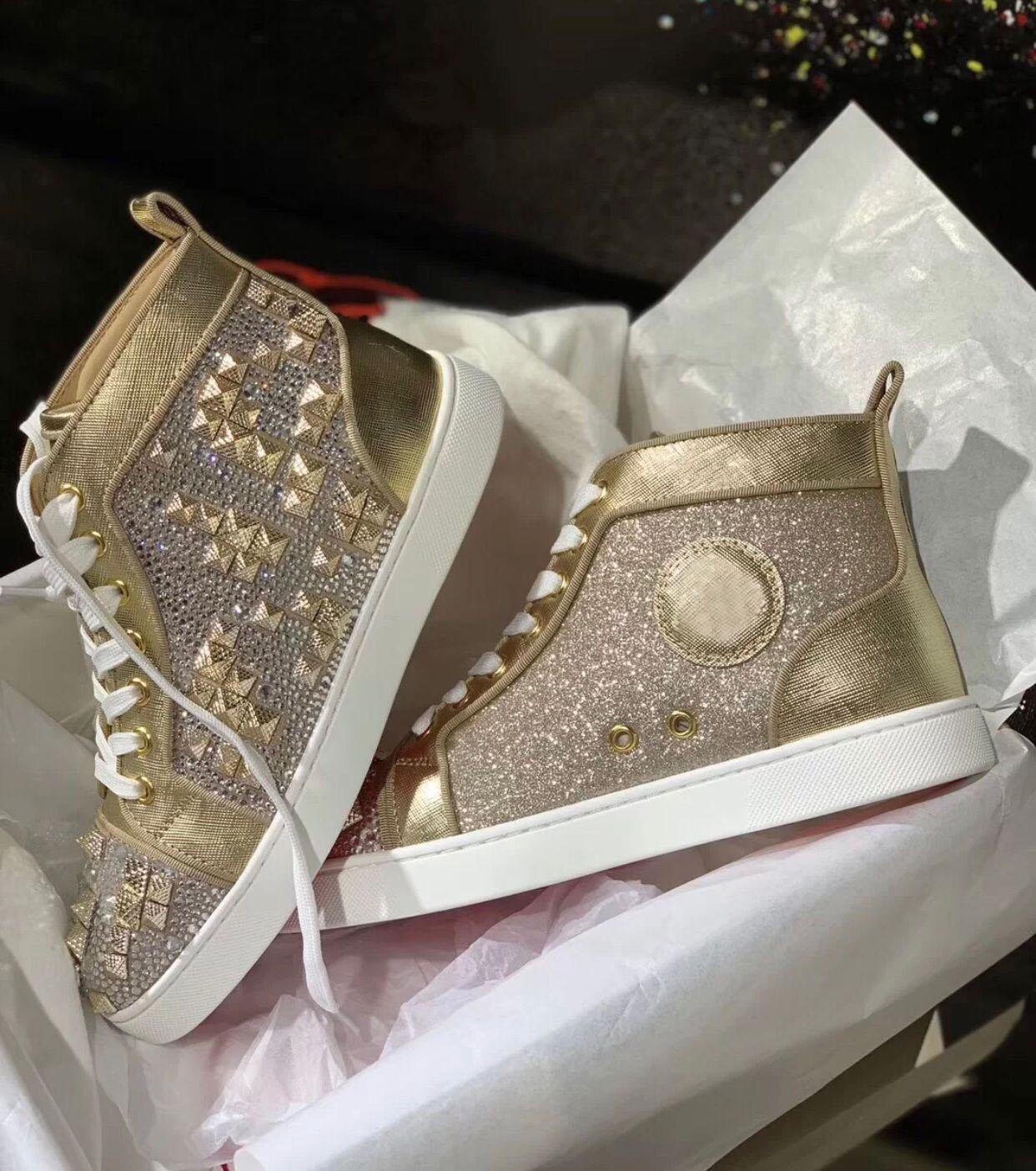 

LOUBOUTIN CHRISTIAN Amazing!! High Top Studs & Strass Men Red Bottom Sneakers Shoes Black,Silver,Gold Outdoor Women Casual Sports Famous Paa