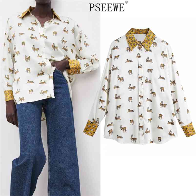 

Beige Animal Print Satin Women Shirts Oversize Button Up Long Sleeve Shirt Female Contrast Elegant Woman Blouses 210519