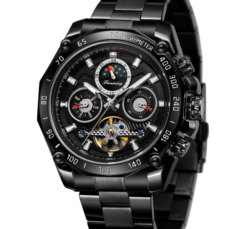 

Wristwatches Forsining Black Men's Mechanical Watches Tourbillon Moon Phase Automatic Clock Business Sport Stainless Steel Belts Wristwatch, Gold