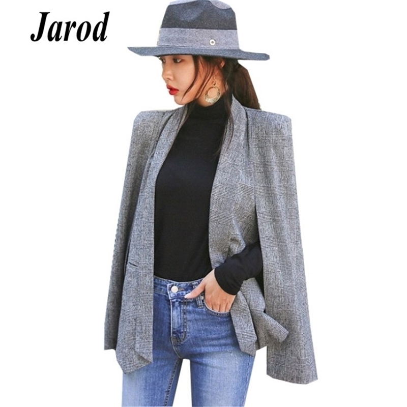 

Long Sleeve Cape Blazer Coat Women Notched Split Cloak Jacket Suit Women's OL Office Workwear plaid black 210519, Picture color