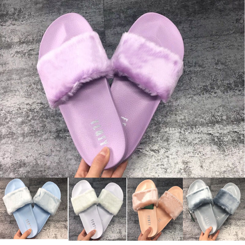 

Rihanna Leadcat Fenty Slipper Faux Fur Burgundy Slide Slippers Ladies Indoor Purple Pink Grey Sandals, 001