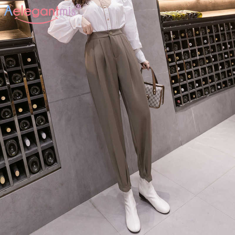 

Aelegantmis Casual Loose Office Lady Suit Pants Women Elastic High Waist Harem Female Chic All Match Elegant Trousers OL 210607, Black