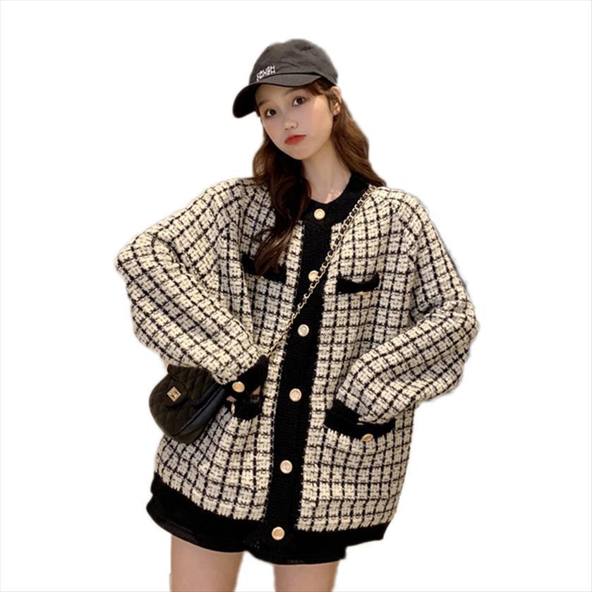 

autumn coat retro shirt check women sweater long sleeve single breasted plaid loose knit cardigan tide ladies, White;black