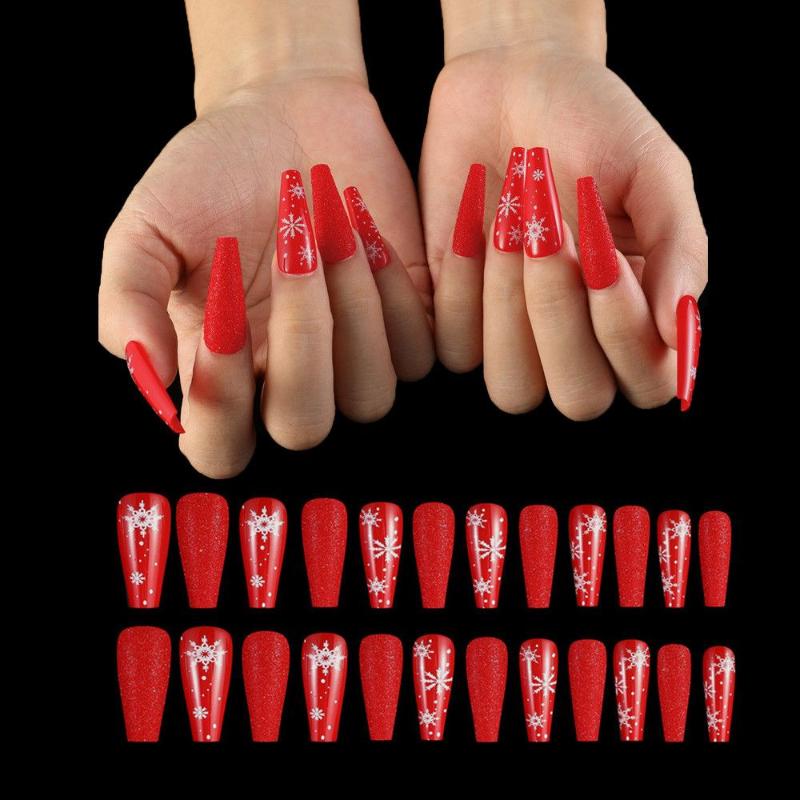 

False Nails Fashion Snowflake Long Paragraph Artificial Nail Art Fake Merry Christmas Press On Ballerina