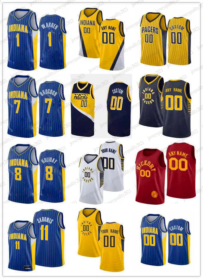 

75th Men Women Youth Indiana's Pacers's 8 Justin Holiday 1 T.J. Warren 11 Domantas Sabonis 7 Malcolm Brogdon Custom Basketball Jersey, Color