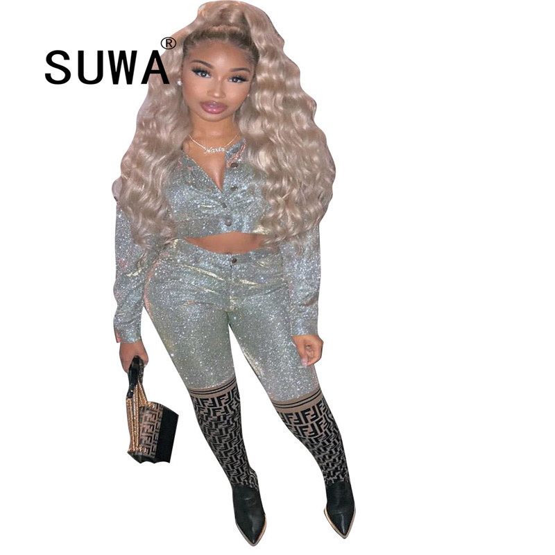 

Women Clothing Sets Shinny Cool Girl Long Sleeve Coat Crop Top + Trousers High Waist Pants Festival Party Night Club Outfits 210525, Silver