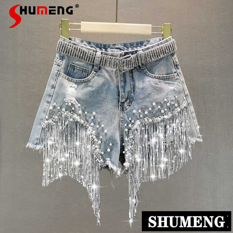 

Female Denim Shorts Summer High Waist Slimming Heavy Beaded Sequin Fringed Ripped Wide Leg Pants Jeans Shorts 210616, Skirt not with belt