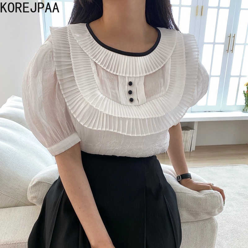 

Korejpaa Women Shirt Summer Korean Temperament Gentle Round Neck Trim Contrast Organ Pleated Design Puff Sleeve Blouses 210526, Black