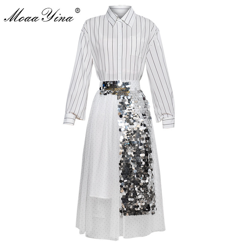 

Fashion Designer Set Spring Summer Women Long sleeve Stripe Shirt Tops+Mesh Sequin Skirt Two-piece suit 210524, White