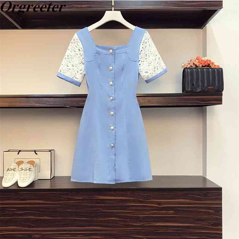 

Plus size Elegant Vintage Blue Robe Femme Dress Summer Fashon Square collar Pearl Single-breasted Lace Puff sleeve Dresses 210602