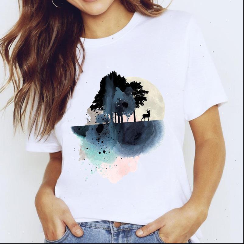 

Graphic Tees Women T Shirts For Summer Short Sleeve Tshirts Casual White Watercolor Tree Print Girls Ladies Aesthetics Tee