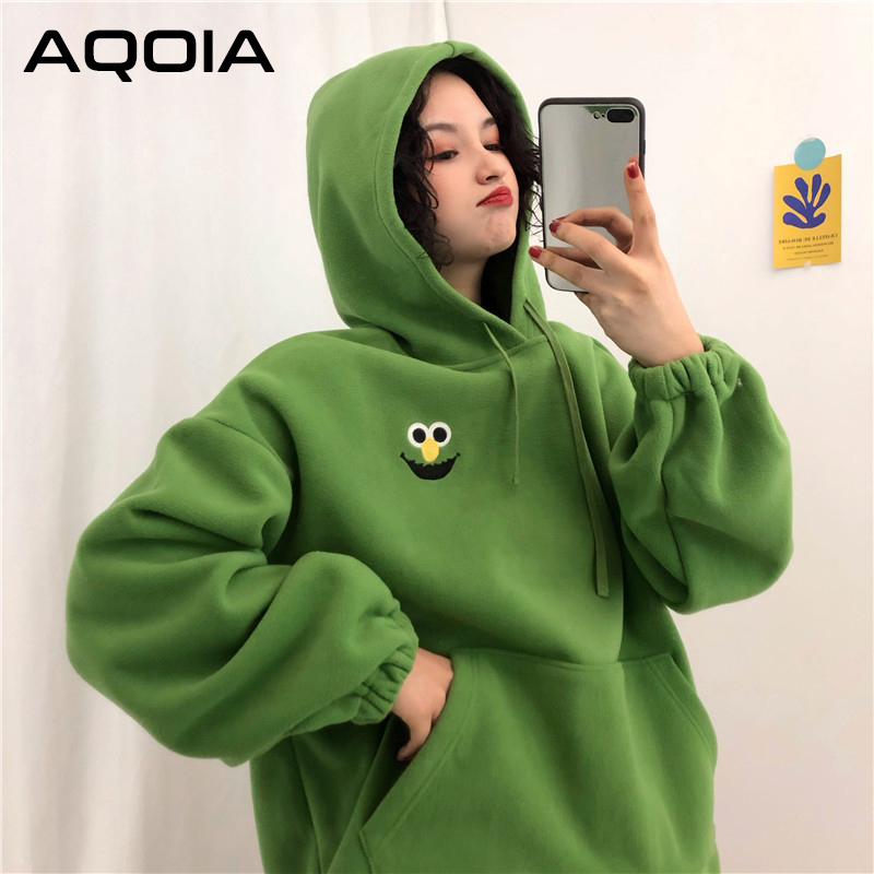 

AQOIA Autumn Cartoon Loose Women's Hoodies Sweatshirt Pockets Oversize Embroidered Sweatshirts Women Y2K Winter Clothing 210521, Navy blue