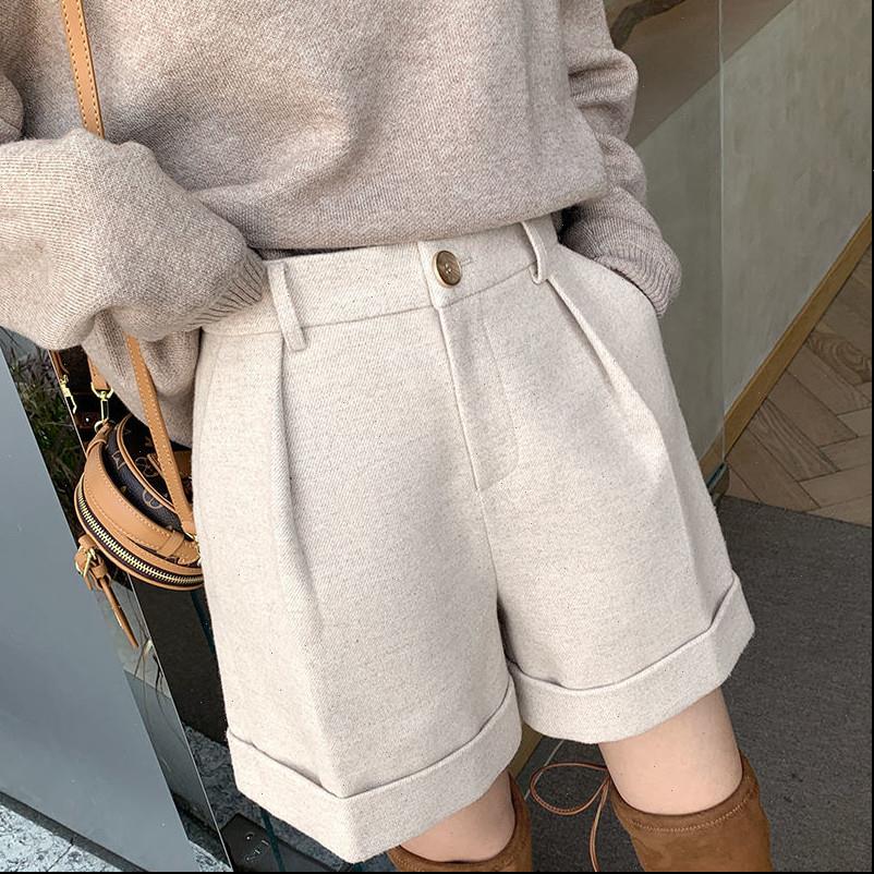 

autumn and winter woolen women short high waist thick wide leg korean straight casual a line s147, White;black