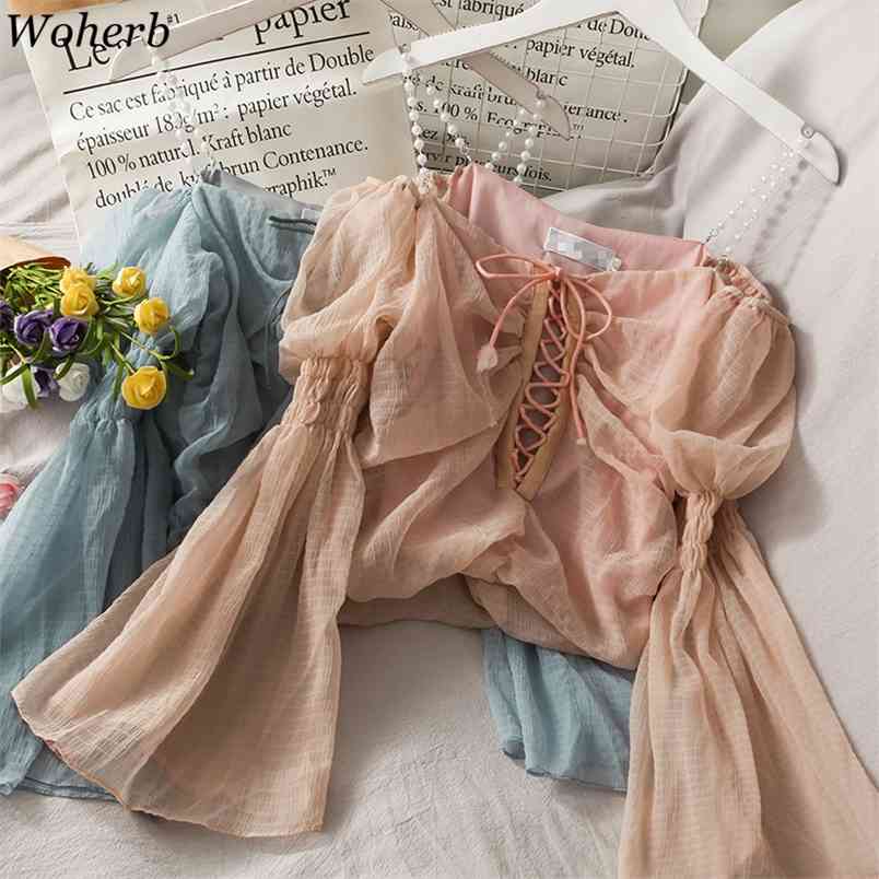 

Bandage Pleated Blouse Women Sexy Off Shoulder Tops Solid Sweet Cute Shirt Summer Elegant Ladies Mesh Blusas 210519, Black