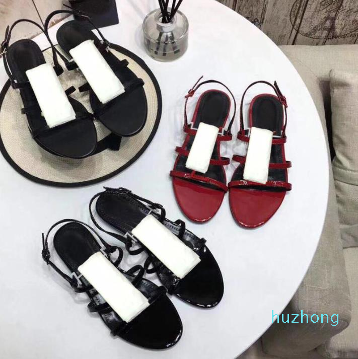 

Fashion-Leather Sandals 2019 Summer new product Ladies shoes Roman flat-bottomed beach sandals Metal Button Sexy Banquet Woman shoes 41, Black [golden metal buckle]