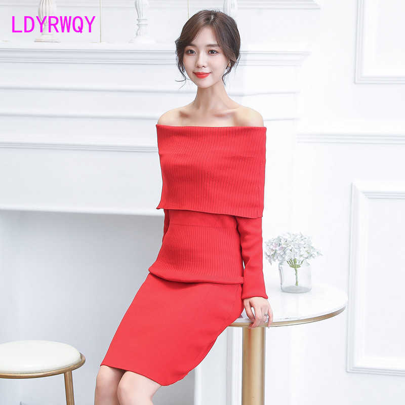 

autumn women' ladies temperament word collar off-the-shoulder stretch knit bag hip dress 210603, Black