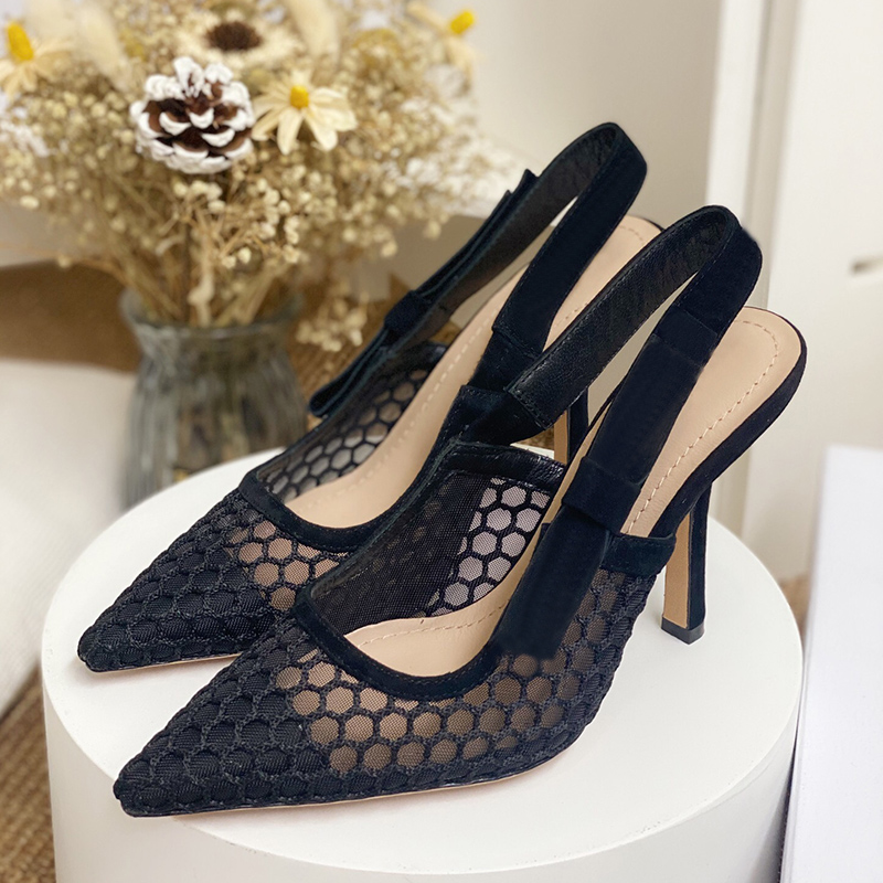 

2021 summer fashion womens sandals High heeled shoes Slippers Nubuck leather shoe 9CM stiletto heels luxury sexy black Dew heel women sandal Slipper big size 35-42, Black+gauze
