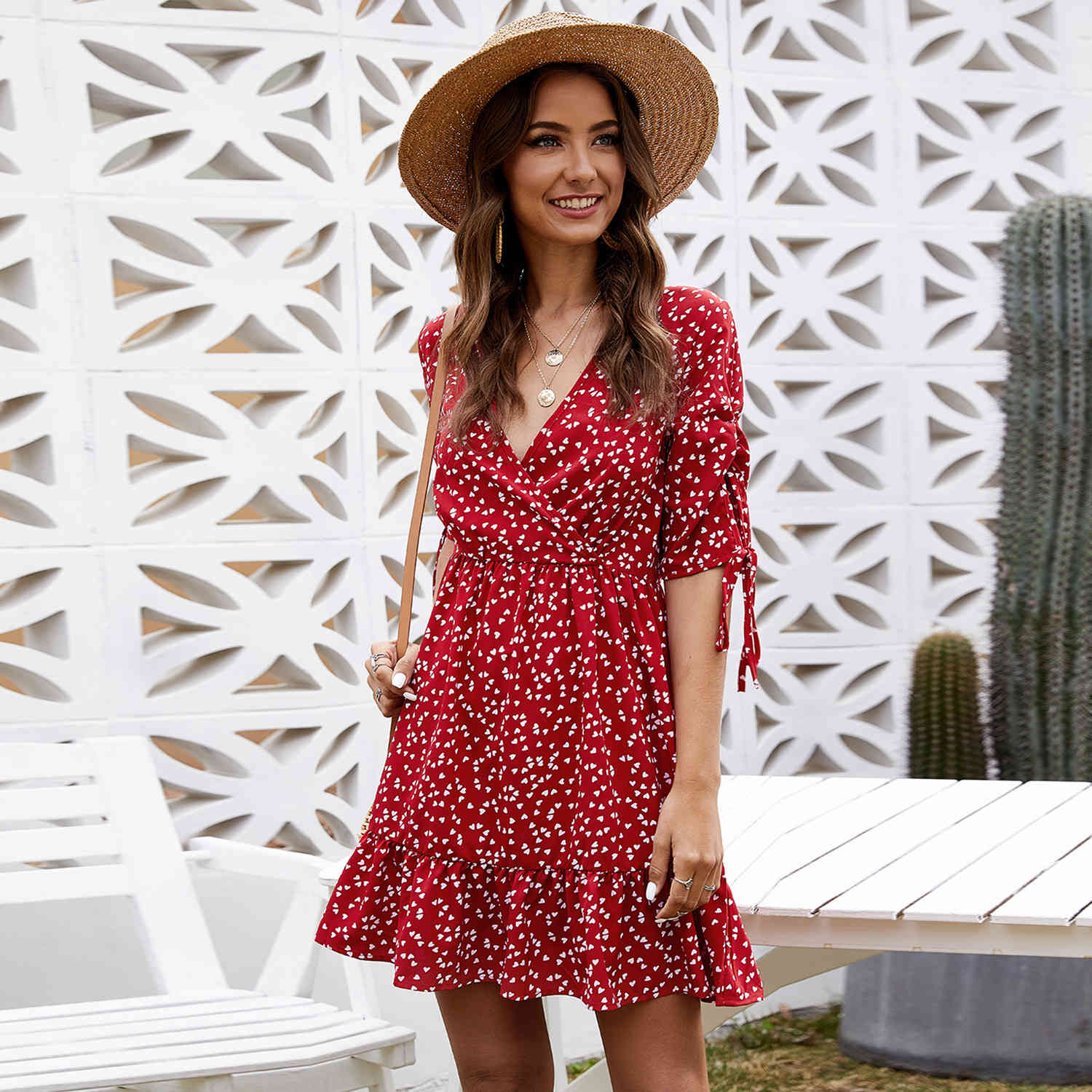 

Summer Women Ruffles Lace Chiffon mini Dress Boho Mini Beach Slim Three Quarter Sleeve Ladies Party holidays es 210524, Red