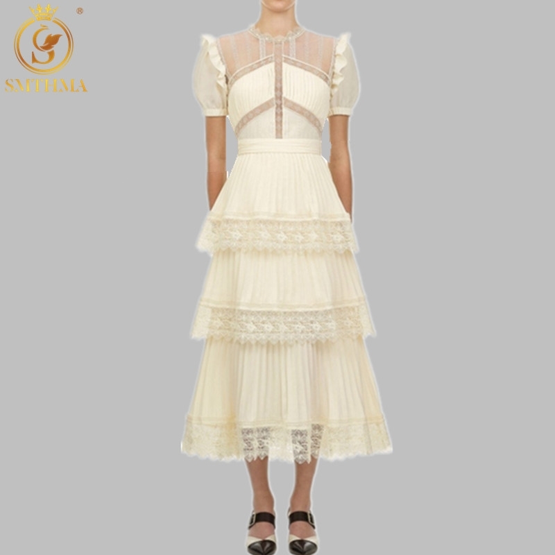 

Arrival Beige Lace Long Dress High Qulity Luxury Design Runway Short Sleeve Ruffle Summer es Vestidos 210520, Photo color