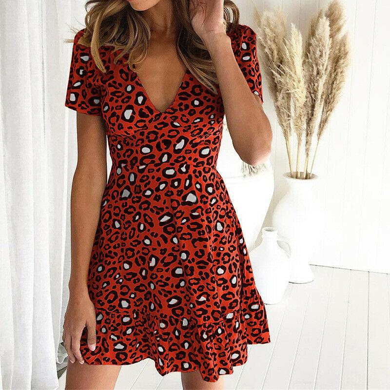 

Casual Dresses Multicolor Cotton Leopard Print Short Sheath Sleeve V Neck Flared Dress Summer Elegant Modern Lady Women, Black;gray