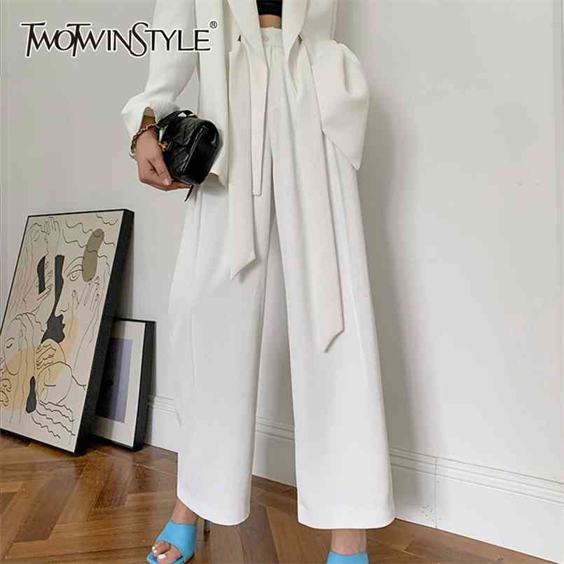 

White Loose Wide Leg Pants For Women High Waist Straight Lace Up Casual Trousers Female Fashion Clothing Spring 210521