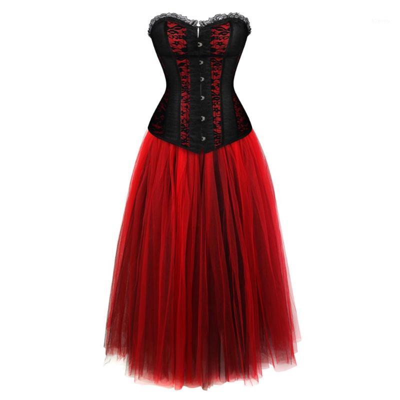 

Bustiers & Corsets Gothic Corset Skirt Steampunk Floral Overbust Boned With Long Princess Mesh Tulle Party Dresses Korsage Evening Gowns, As pic
