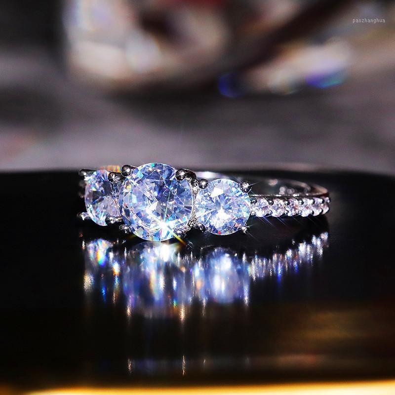 

Wedding Rings Luxury Flower Female Crystal Round Ring Dainty Silver Color Engagement Charm White Zircon Stone For Women, Slivery;golden