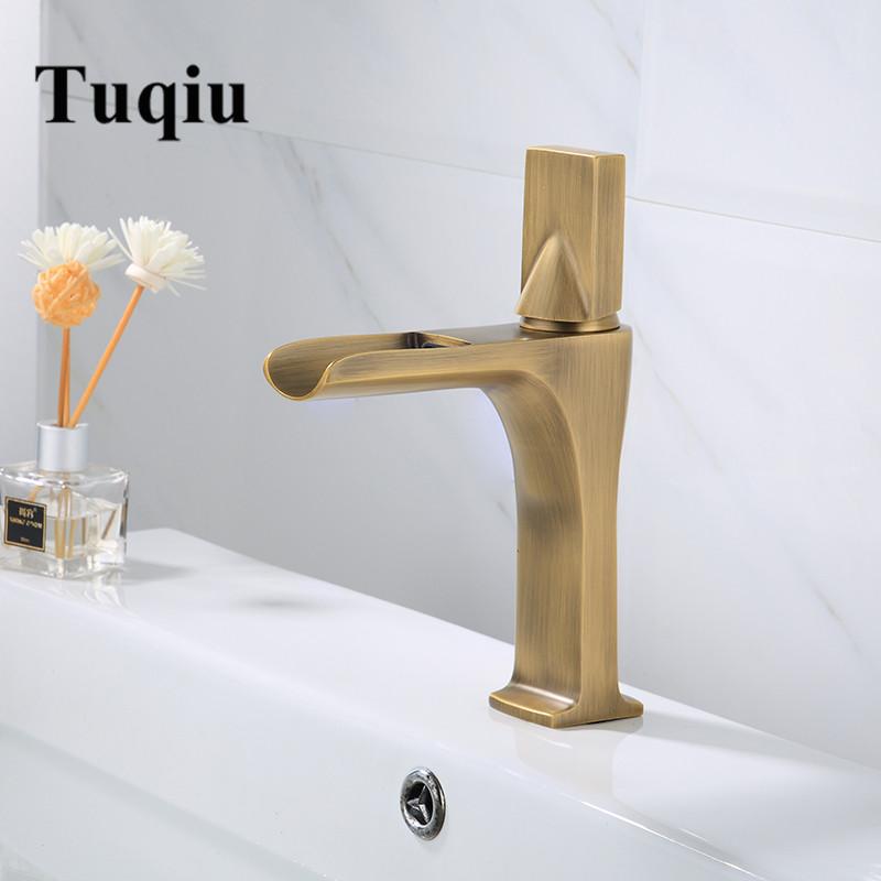 

Bathroom Sink Faucets Basin Gold/Antique Brass Faucet Single Handle Deck Mounted Waterfall And Cold Water Tap