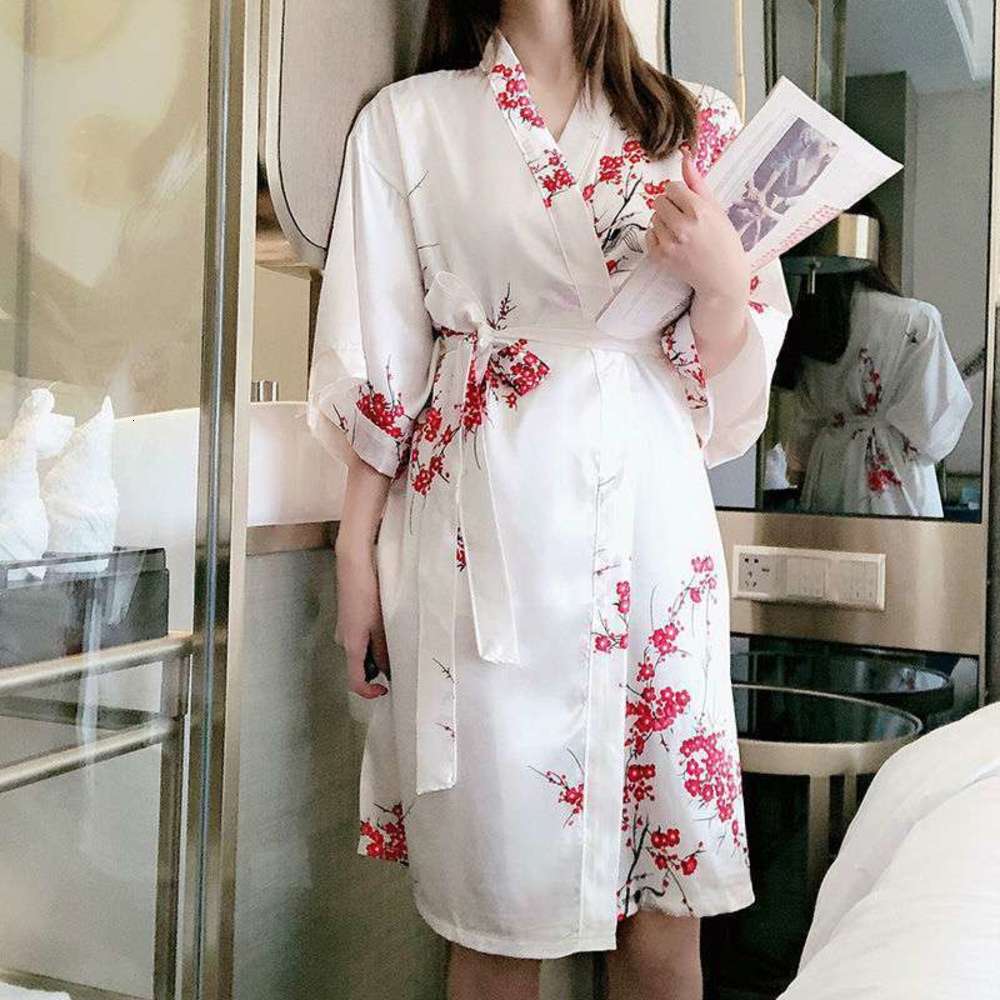 

Kimono pajamas women's robe real ice silk solid summer short sleeve sexy thin bathrobe large size household clothes