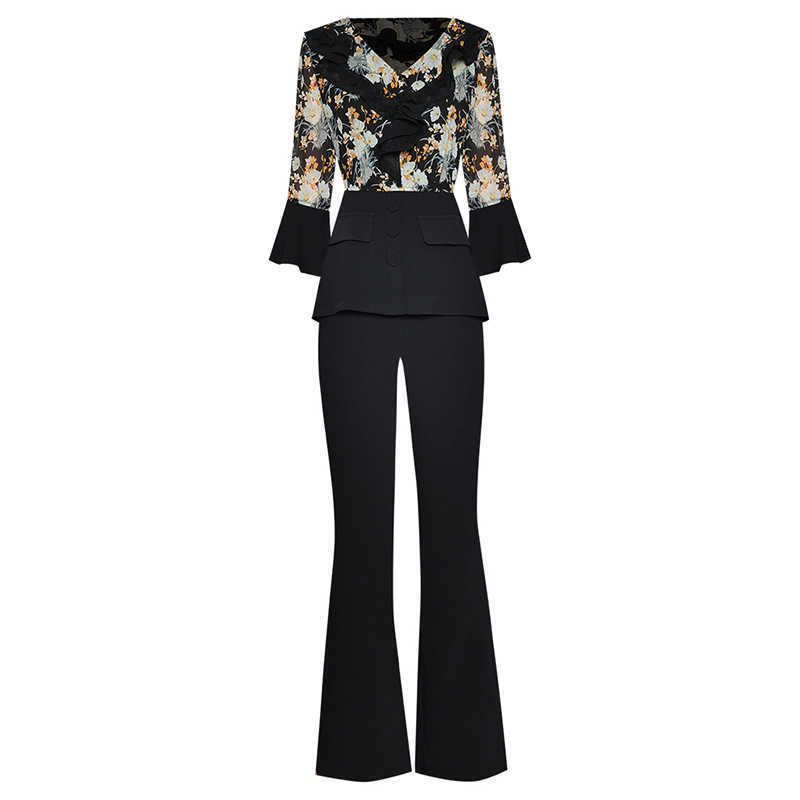 

HIGH QUALITY Fashion V-Neck Ruffled Seven Point Sleeve Printed Jacket Pocket Trousers Suit 210526, Pink