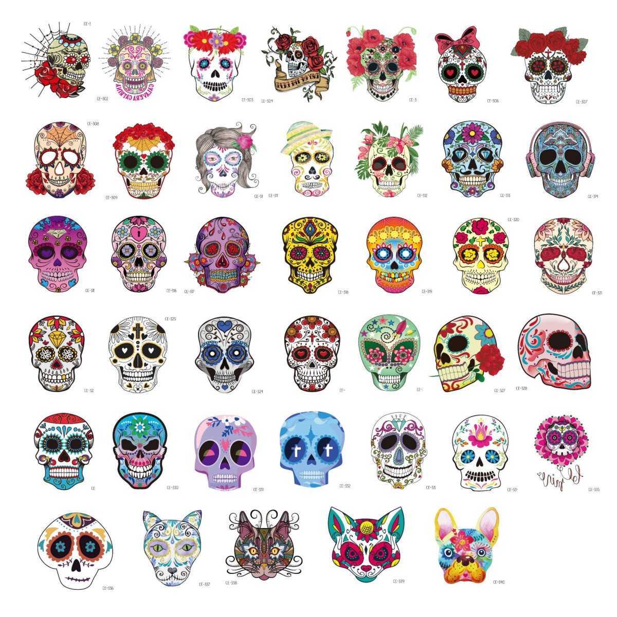 

40pcs Flower Skull Temporary Stickers Waterproof Small Cat Dog Flash Tattoo Tatouage Body Art Hand Foot for Kid Women Men