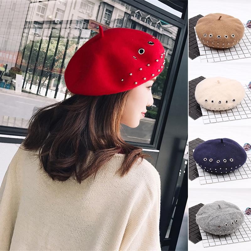 

Berets Winter Beret Wool Hat Women Soft Warm Caps Knitted Rivet Decoration Accessory Comfortable Outdoor JRDH889, Big red
