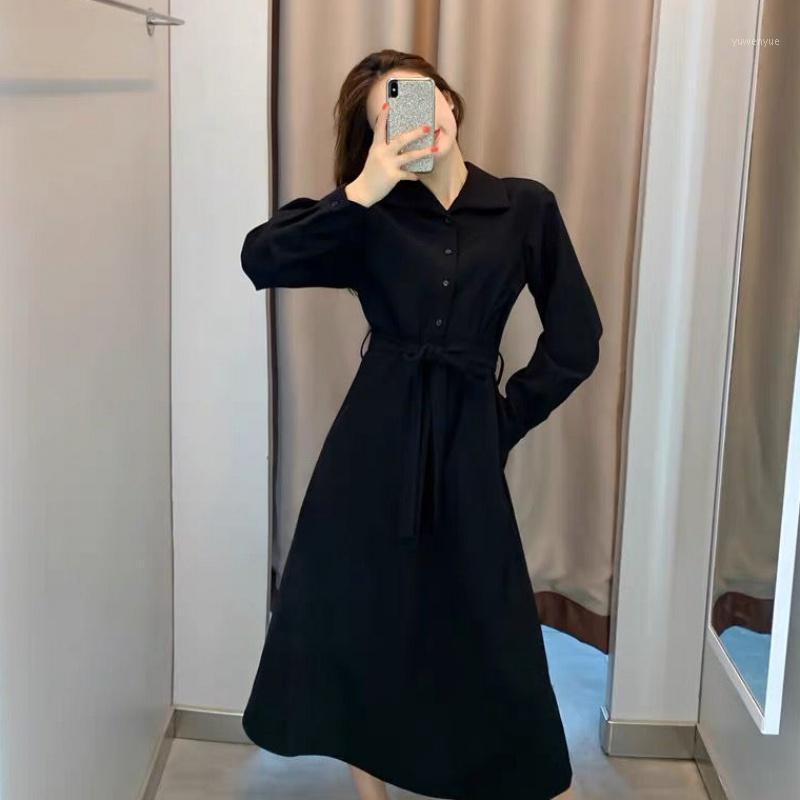 

Casual Dresses 2021 Autumn Hepburn Style Little Black Long Dress Women' Elegant Slim Sleeve Midi Female Clothing Plus Size