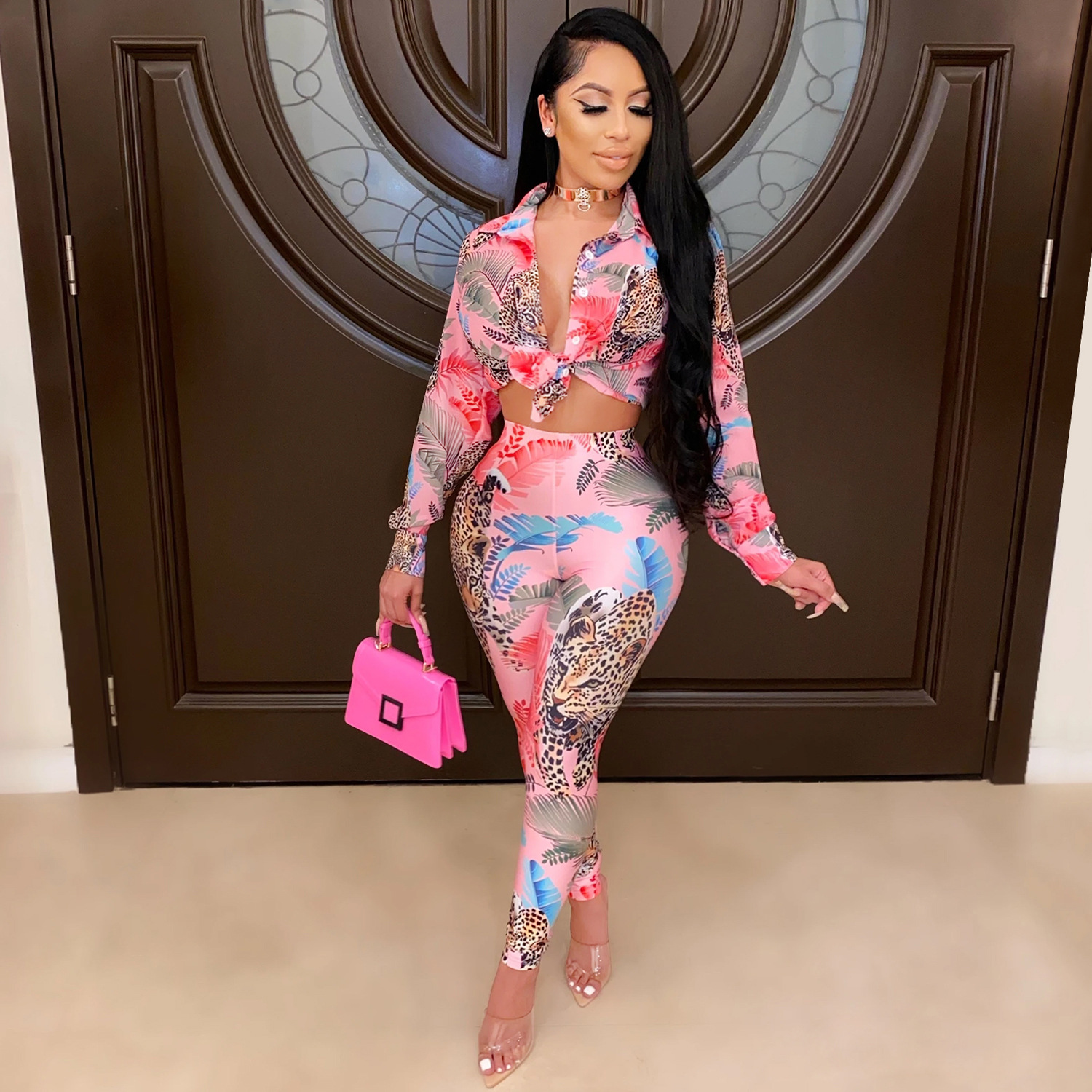 

Free Ship Women Fashion Leopard Print Lapel Neck Two Piece Pants Casual Long Sleeve Shirt and Bottoms Set Lady Outfits, Pink